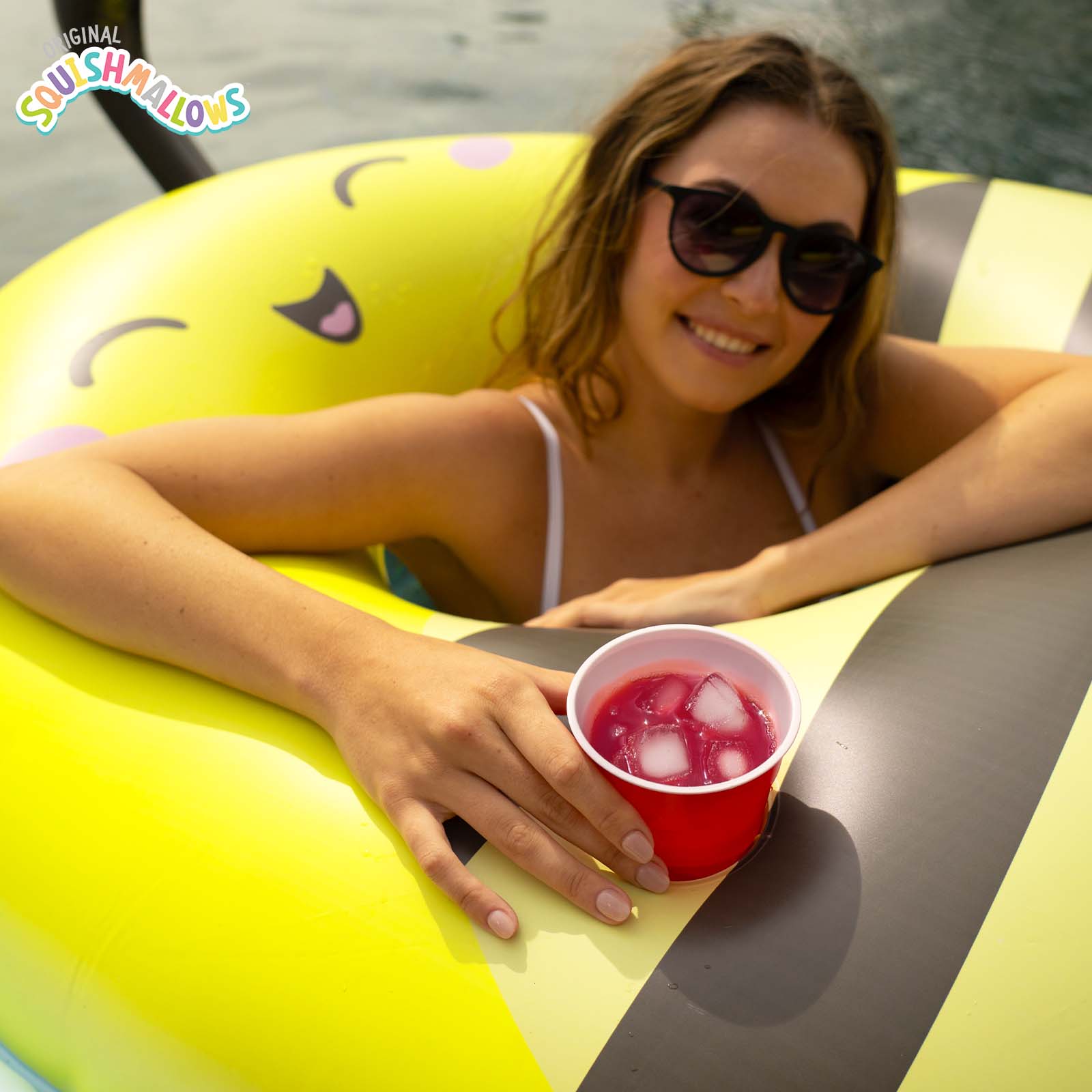 Squishmallows Sunny the Bee 42 inch pool float with cupholder